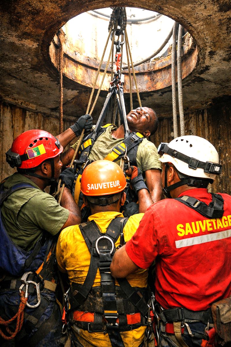 Sauveteurs équipés lors d'une extraction en espace confiné
